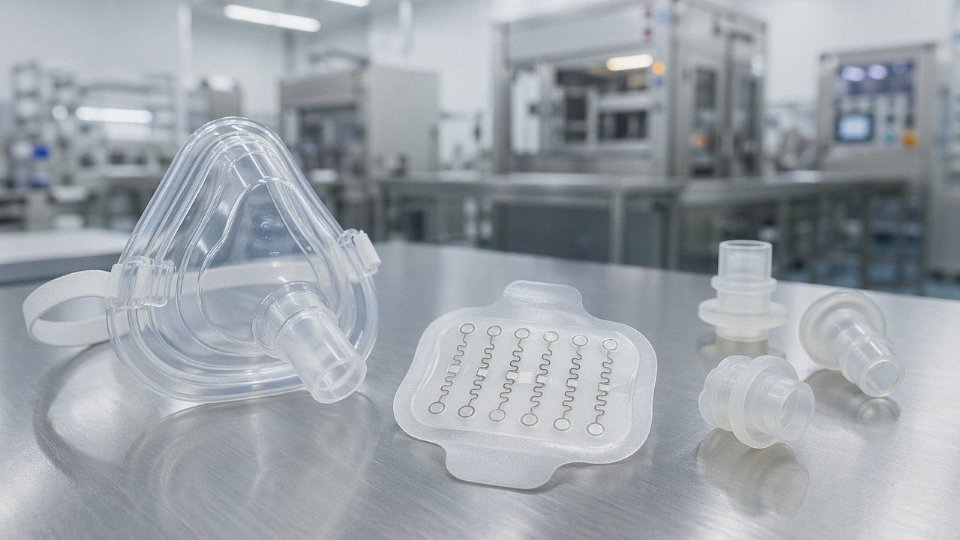 Medical-grade LSR components including neonatal mask, wearable sensor patch, and catheter seals arranged on a cleanroom surface