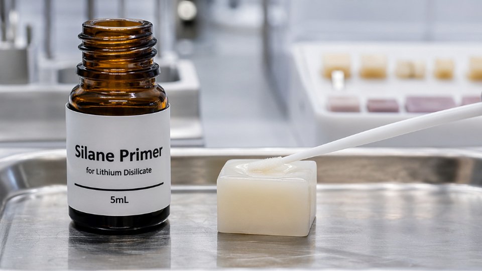 Close-up of Monobond Plus silane primer being applied to a ceramic dental restoration surface in a laboratory setting