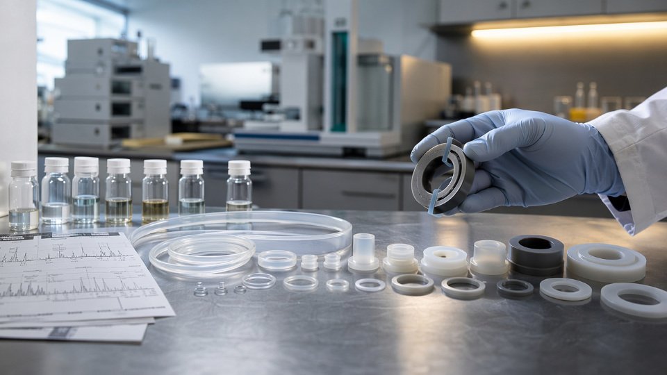 Array of industrial silicone components — seals, tubing, and gaskets — arranged on a laboratory workbench beside analytical testing equipment