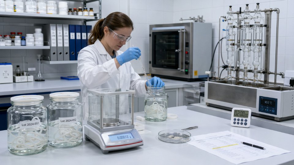 Laboratory technician performing heptane extractables migration testing on cured food-grade silicone gaskets using gravimetric analysis equipment in a compliance testing environment