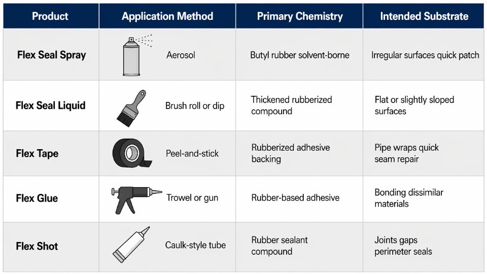 Flat vector comparison table diagram showing Flex Seal product line SKUs with their application method, primary chemistry, and intended substrate for each product