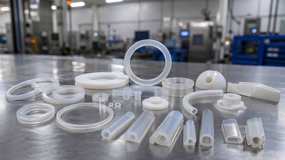 Precision liquid silicone rubber components arrayed on a stainless steel surface in an industrial manufacturing facility