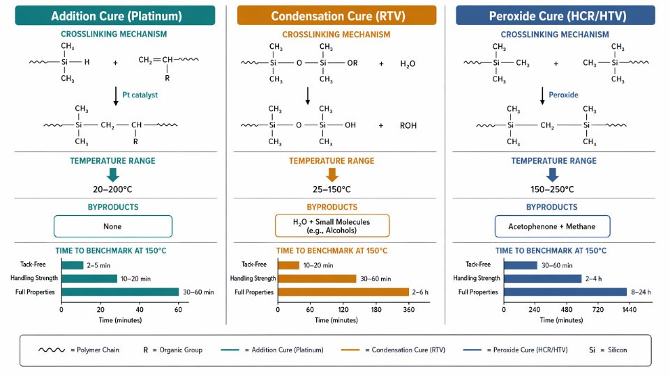 Flat vector diagram comparing addition, condensation, and peroxide cure mechanisms for silicone rubber with reaction pathways and time-to-property bars