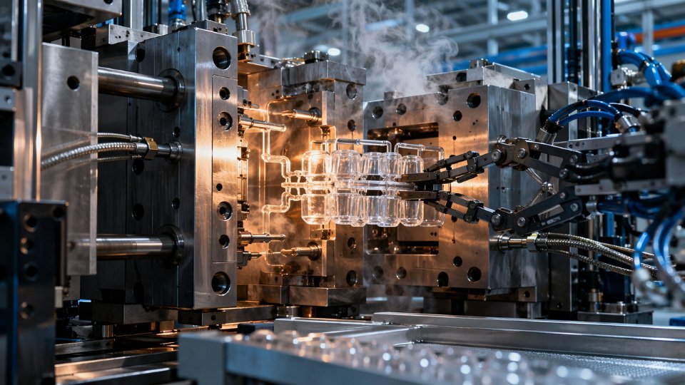 Injection-molded liquid silicone rubber parts being demolded from a heated steel mold on a production line