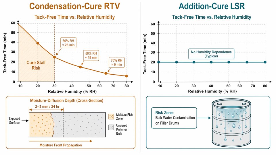 Flat vector diagram showing opposite effects of relative humidity on condensation-cure RTV versus addition-cure LSR cure times with annotated trend lines
