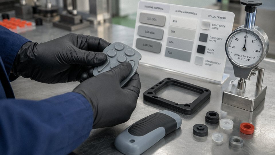 Gloved technician comparing the feel of molded liquid silicone rubber parts