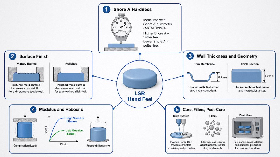 Diagram showing the key variables that affect liquid silicone rubber hand feel