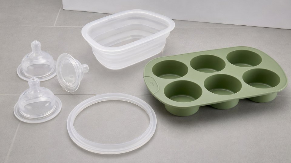 Assortment of food-contact LSR products including infant bottle nipples, collapsible measuring cups, and silicone baking molds on a clean kitchen-adjacent surface