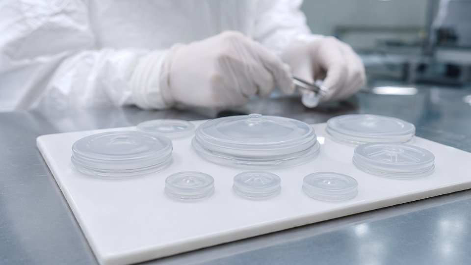 Close-up of precision-molded LSR catheter valve membranes and micro-molded components on a cleanroom inspection surface