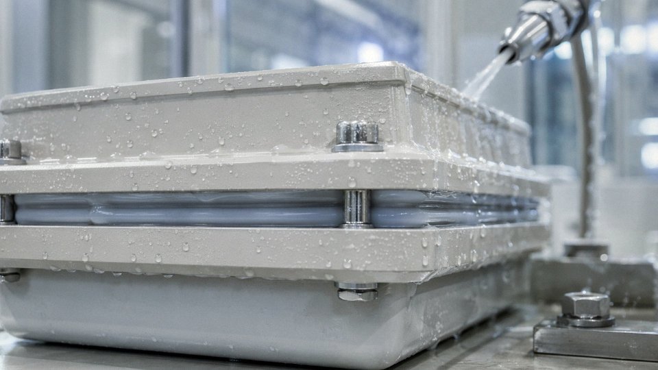 Liquid silicone rubber gasket sealing an industrial enclosure against water spray.