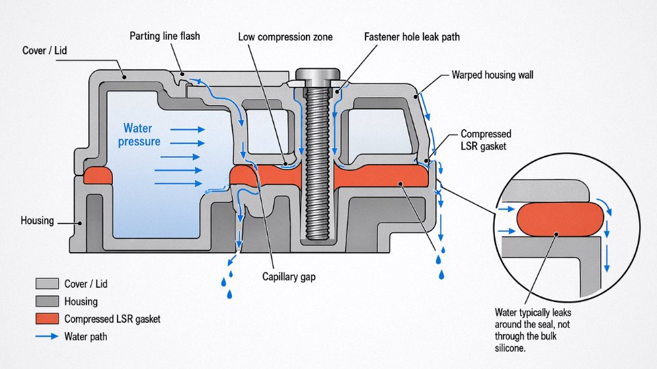 Diagram showing common leak paths around an LSR seal in a compressed housing joint.