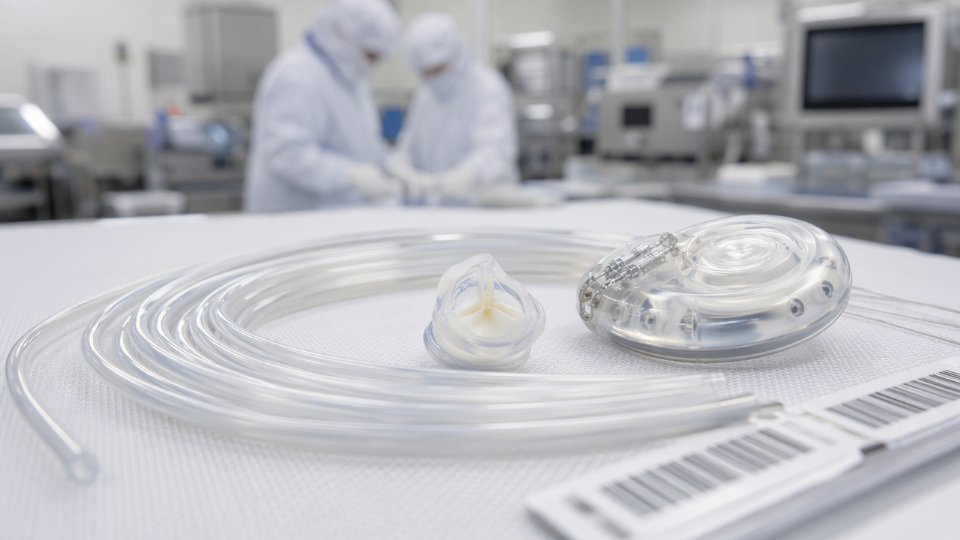 Medical-grade LSR implant components including catheter tubing, cardiac valve seals, and cochlear implant housings in a cleanroom environment