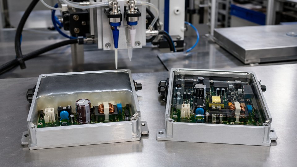 Side-by-side comparison of one-component RTV and two-component addition-cure silicone potting on populated PCB power modules