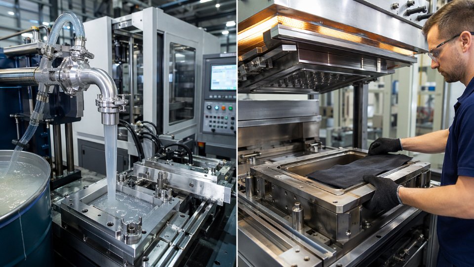 Side-by-side comparison of liquid silicone rubber (LSR) and high-consistency silicone rubber (HCR) materials in an industrial molding environment