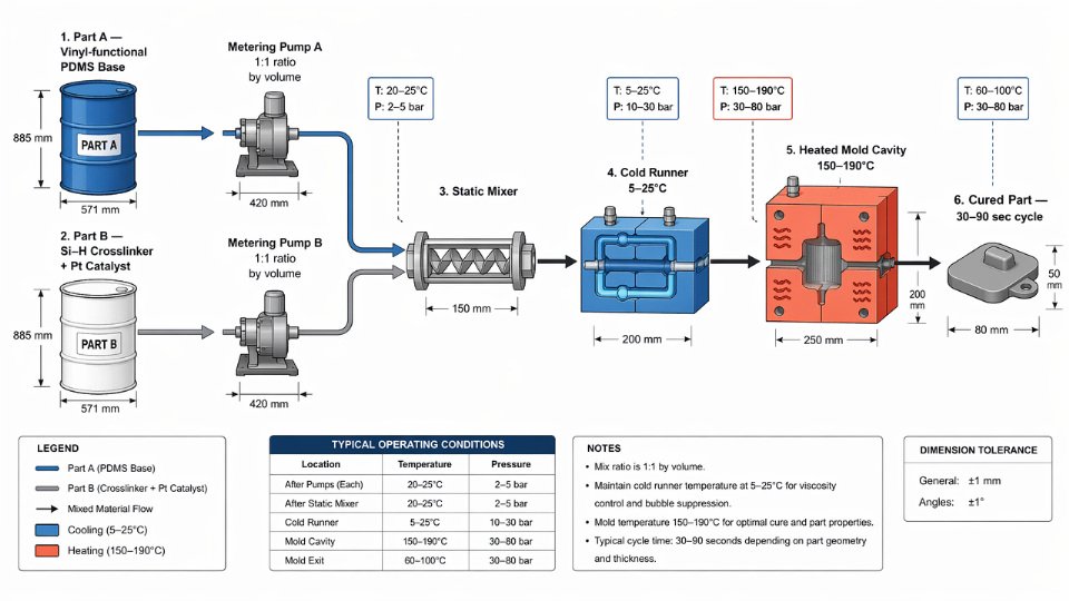 Detailed process flow diagram of a liquid injection molding (LIM) system showing Part A and Part B drum metering, static mixer, cold runner, and heated mold cavity