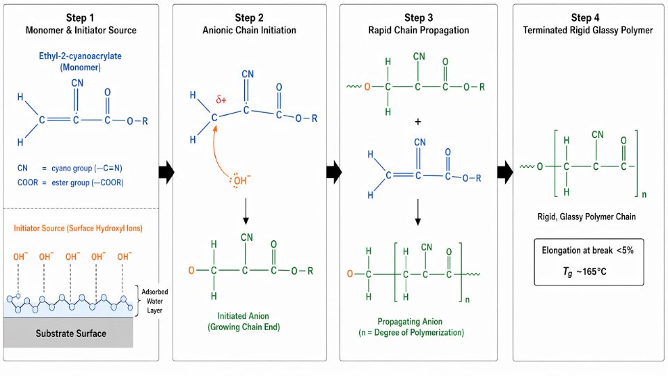 Step-by-step engineering diagram of cyanoacrylate anionic polymerization initiated by surface moisture, showing monomer activation through chain propagation to rigid polymer network