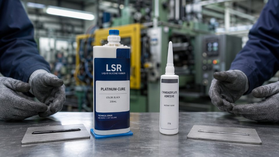 Side-by-side comparison of liquid silicone rubber components and cyanoacrylate super glue tubes on an industrial workbench