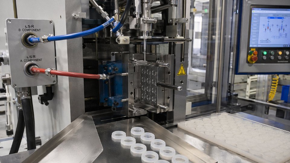 Liquid silicone injection molding cell producing precision silicone parts