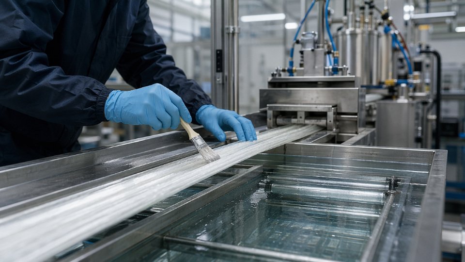 Close-up of silane coupling agent being applied at a glass-fiber composite manufacturing line, showing the interface between inorganic filler and polymer matrix