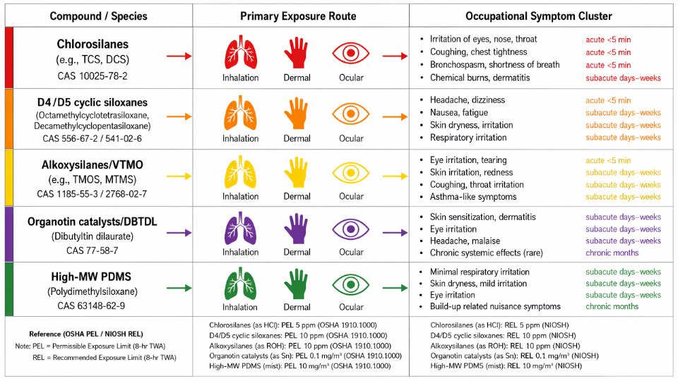 Engineering flow diagram mapping specific silicone compounds to their associated occupational health symptoms and exposure routes
