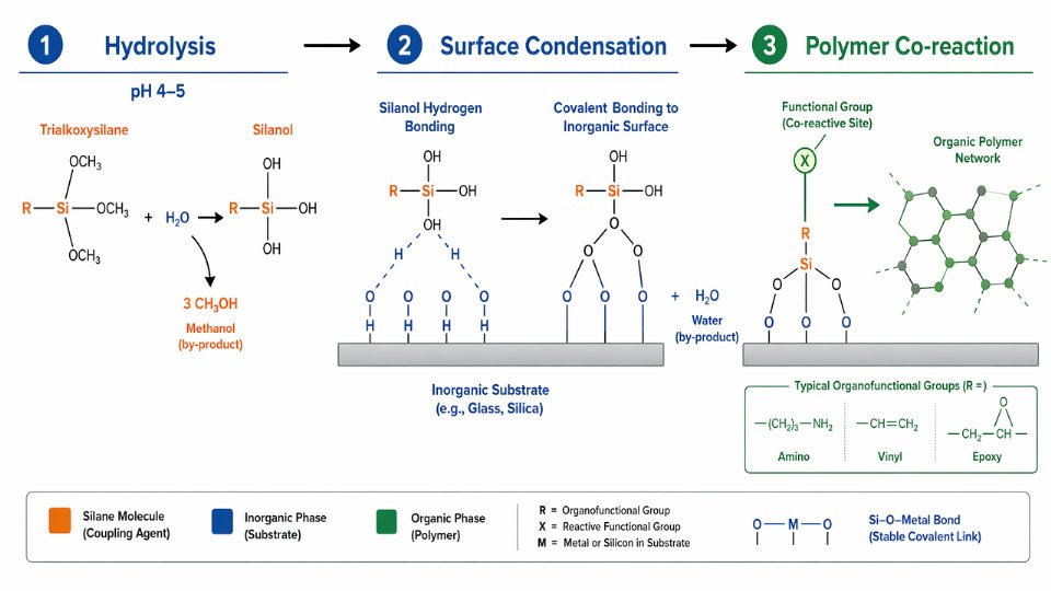 Three-stage reaction mechanism diagram showing silane hydrolysis, surface condensation, and polymer co-reaction steps