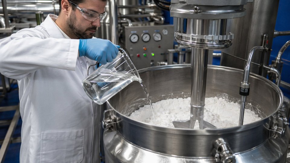 Industrial technician applying silane coupling agent solution to mineral filler in a manufacturing facility
