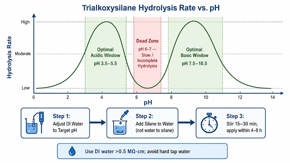 Diagram showing trialkoxysilane hydrolysis rate versus pH with two active windows and a dead zone near neutral pH