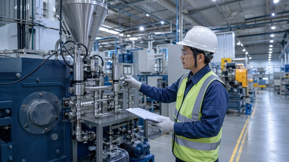 Industrial chemical engineer inspecting silane coupling agent dosing equipment in a rubber compounding facility