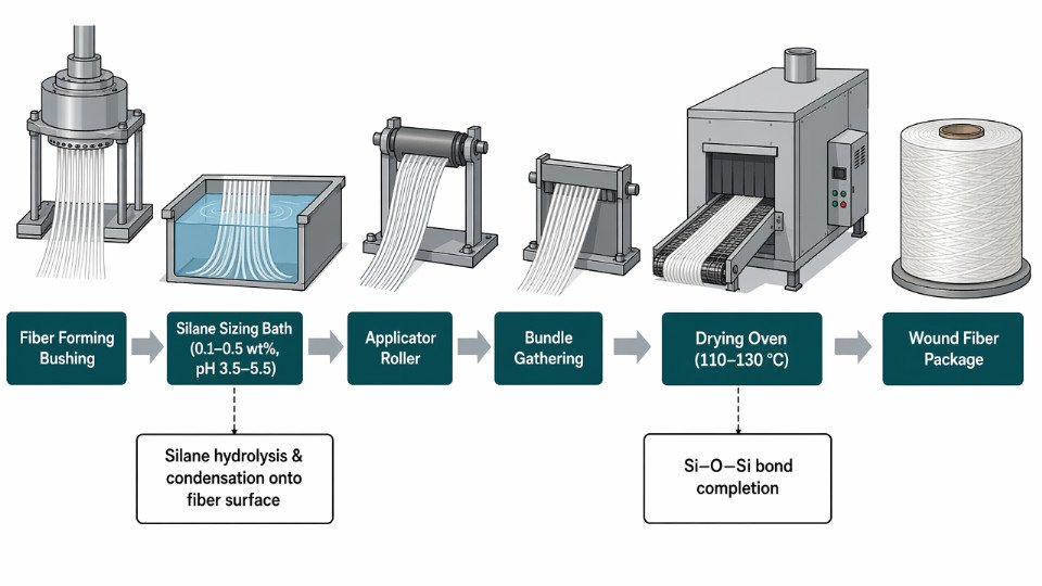Engineering process flow diagram of glass fiber sizing with silane coupling agent, showing key stages from fiber forming to drying