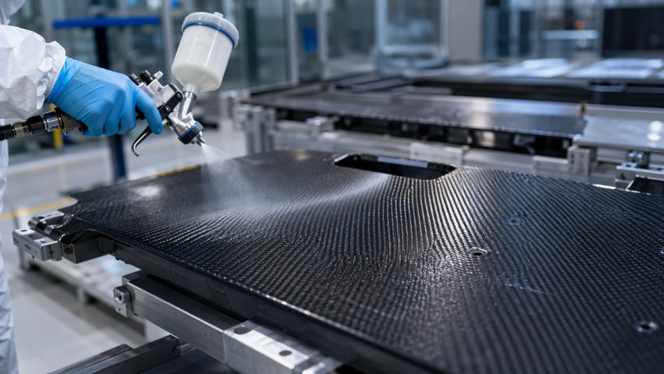 Silane coupling agent application on a carbon fiber composite panel in an aerospace manufacturing facility