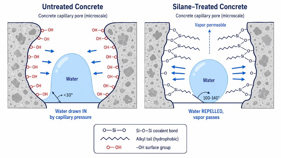 Engineering diagram comparing capillary water suction in untreated versus silane-treated concrete pore walls