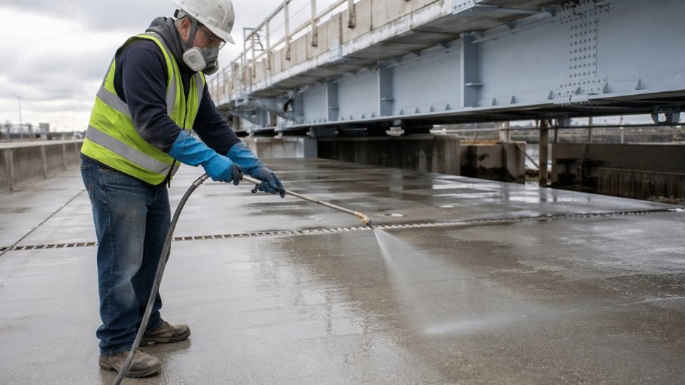 Industrial concrete bridge deck being treated with silane coupling agent by a worker in protective gear