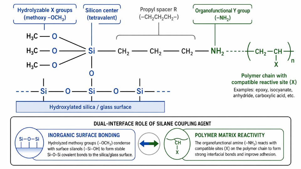 Labeled molecular diagram of a silane coupling agent showing the trialkoxysilyl inorganic end, propyl spacer, and organofunctional group bridging an inorganic surface and a polymer matrix