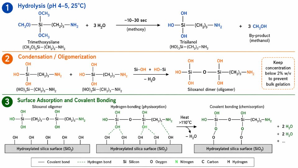 Three-step sequential engineering diagram showing hydrolysis of trimethoxysilane to trisilanol, condensation to siloxanol oligomers, and covalent bonding to a hydroxylated glass or silica substrate surface