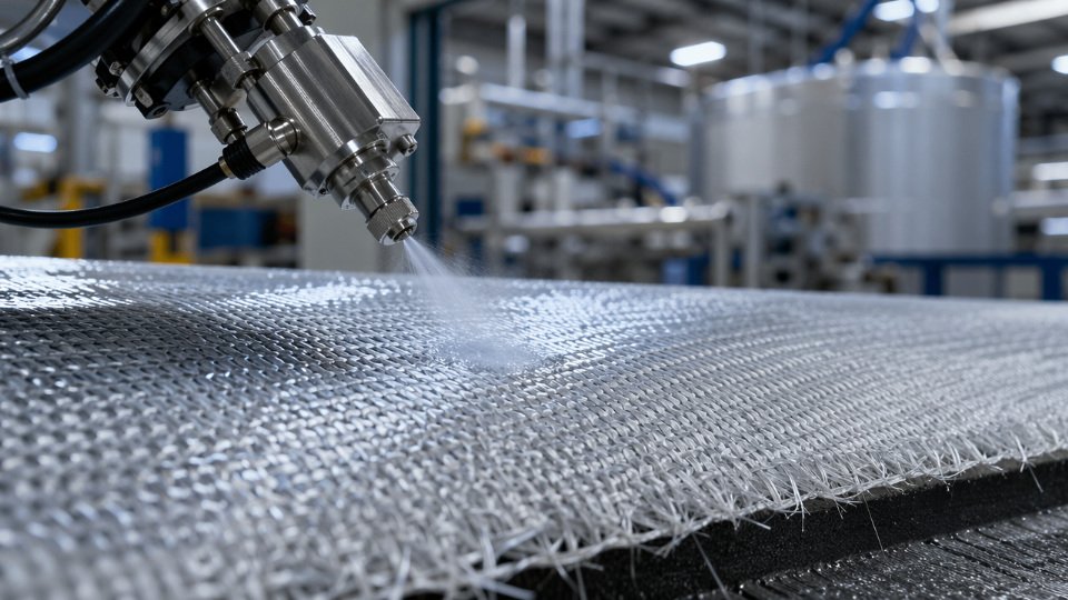 Close-up of glass fiber composite panel being treated with silane coupling agent in an industrial manufacturing environment
