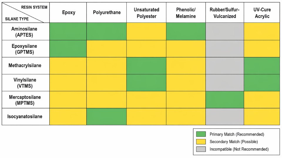 Engineering compatibility chart mapping organofunctional silane types to compatible resin systems