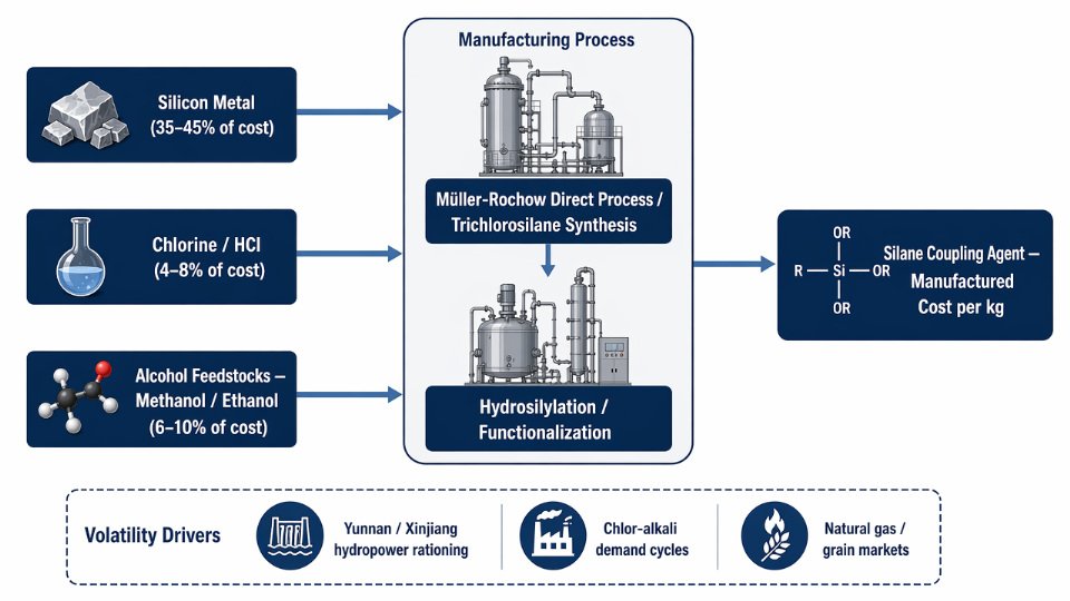 Flat vector diagram showing how silicon metal, chlorine, and alcohol feedstock prices flow into silane coupling agent manufactured cost