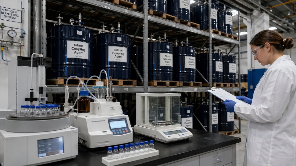 Industrial drums of silane coupling agent in a chemical warehouse with laboratory quality control equipment in the foreground