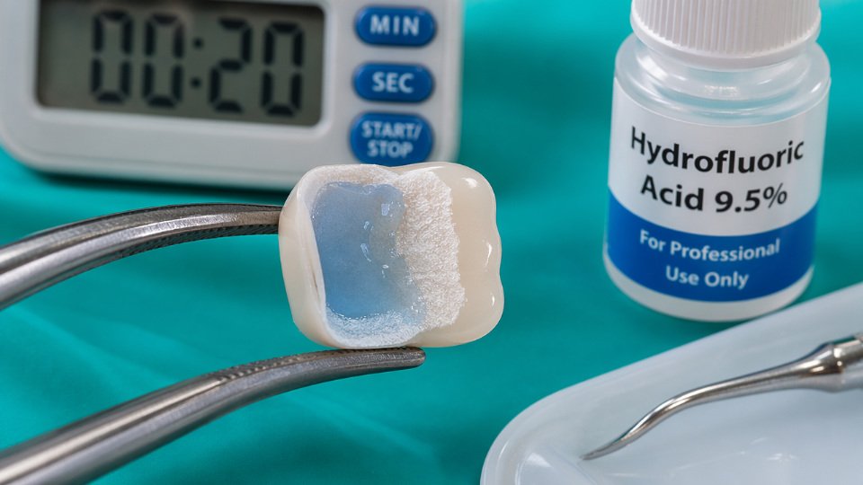 Close-up of dental ceramic restoration being etched with hydrofluoric acid gel showing frosted matte surface indicating correct etching