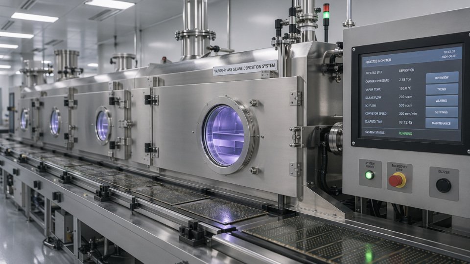 Vapor-phase silane deposition system treating semiconductor package substrates in an automated inline tunnel chamber