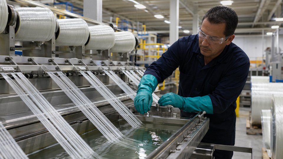 Technician applying silane coupling agent sizing to glass fiber rovings on an industrial FRP production line