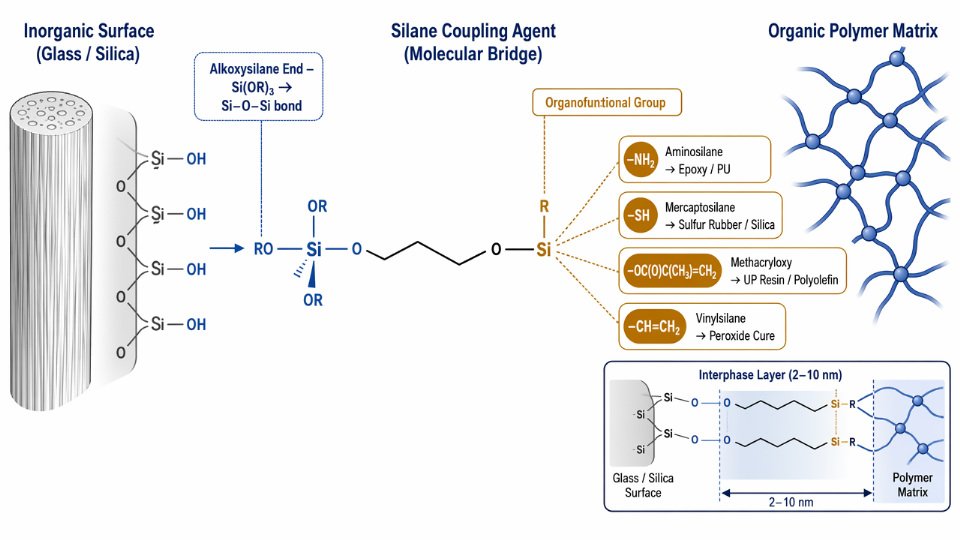 Flat engineering diagram showing a silane coupling agent bridging an inorganic glass fiber surface and an organic polymer matrix, with labeled functional groups