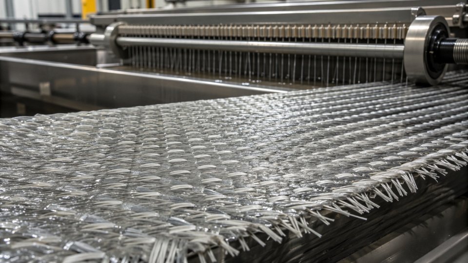 Close-up of glass fiber reinforced composite panel at a manufacturing facility with silane treatment equipment visible in the background
