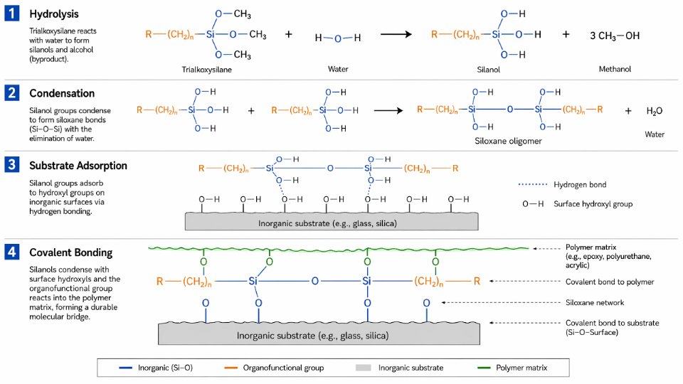 Four-stage reaction flowchart showing silane coupling agent mechanism: hydrolysis, condensation, substrate adsorption, and covalent bonding to polymer matrix