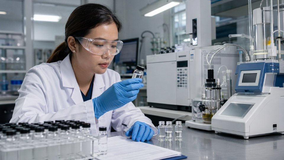 Lab technician evaluating silane coupling agent samples with analytical instruments in an industrial chemical laboratory