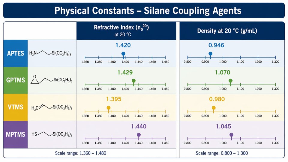Reference chart comparing refractive index and density values for common silane coupling agents including APTES, GPTMS, VTMS, and MPTMS