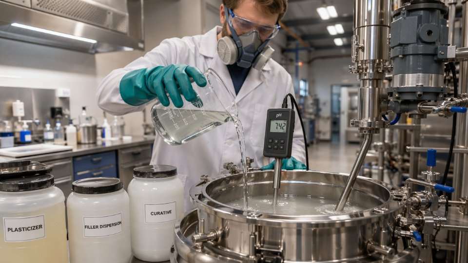 Industrial formulation technician adding silane coupling agent to a multi-additive mixing vessel in a chemical plant