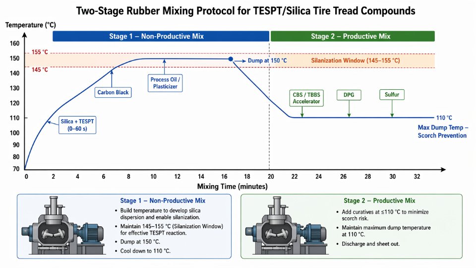 Two-stage mixing protocol diagram showing temperature profile and ingredient addition sequence for TESPT silica rubber compounding
