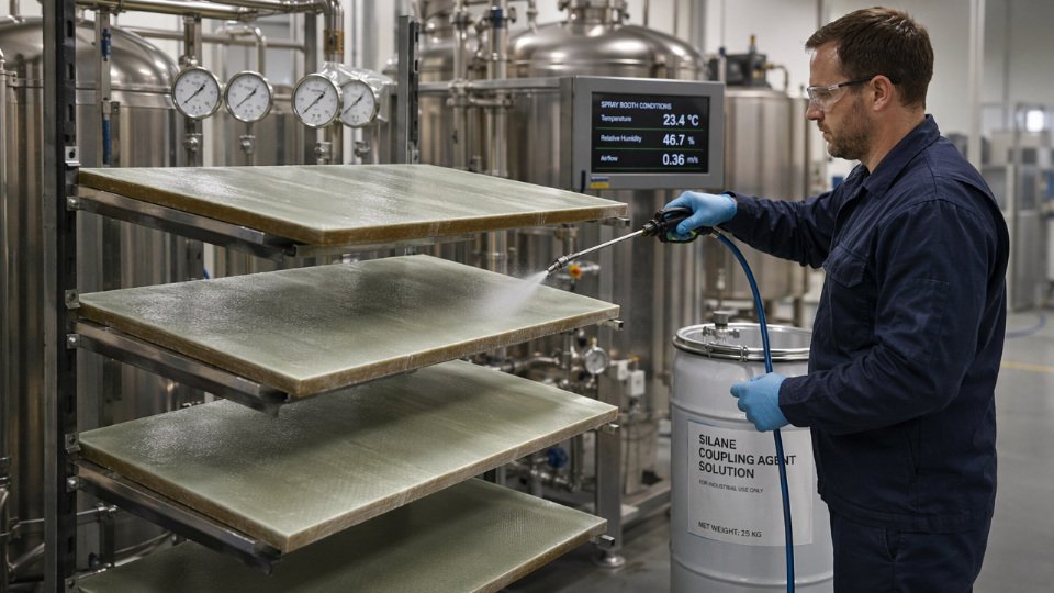 Industrial technician applying silane coupling agent to glass fiber composite panels in a controlled manufacturing environment