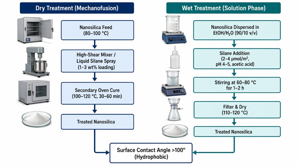 Engineering flowchart comparing wet and dry silane surface treatment processes for nanosilica, showing sequential process steps, temperatures, and parameters for each route